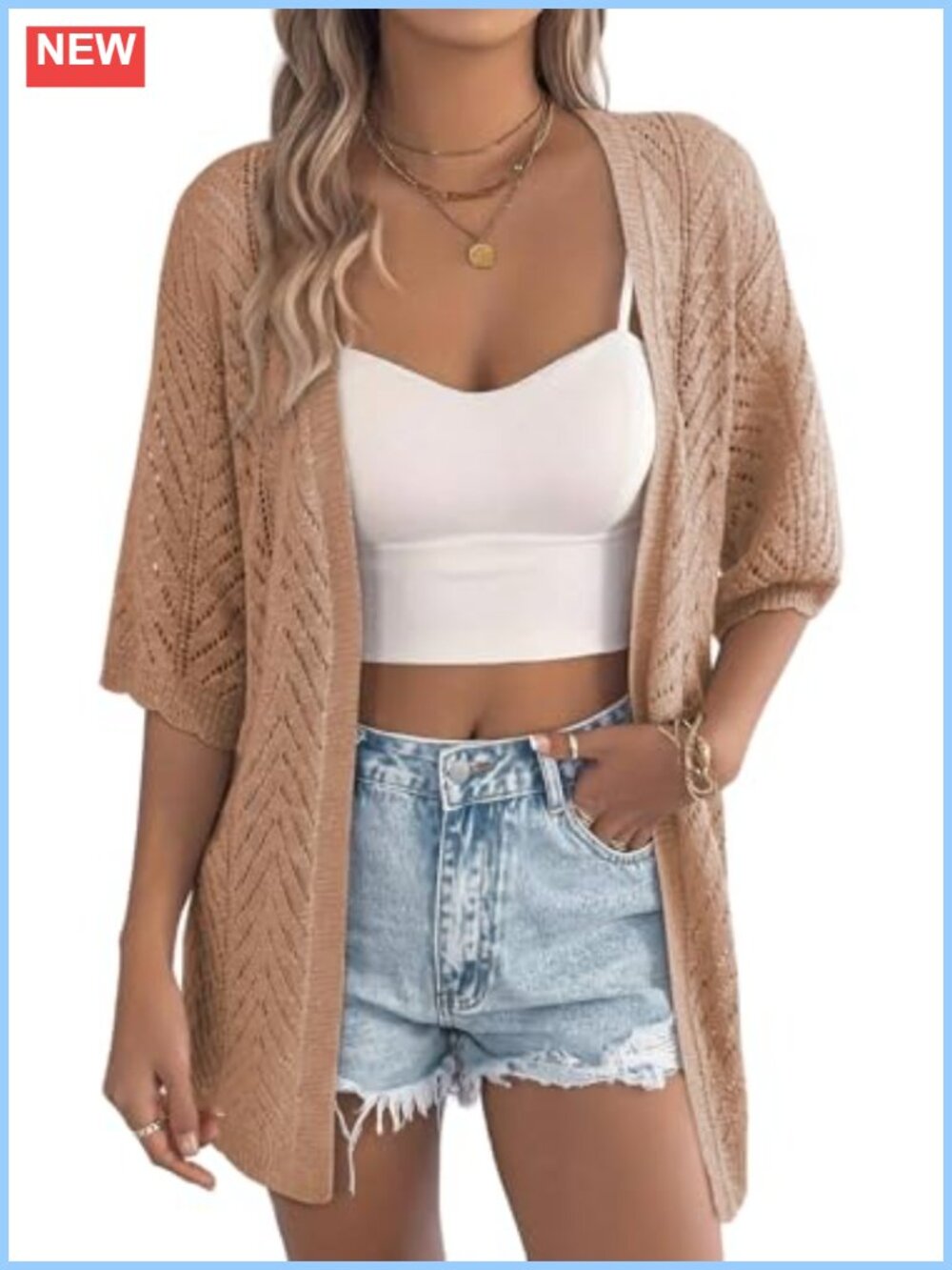 Crochet Knit Short Sleeve Cardigan Open Front Boho Sweater